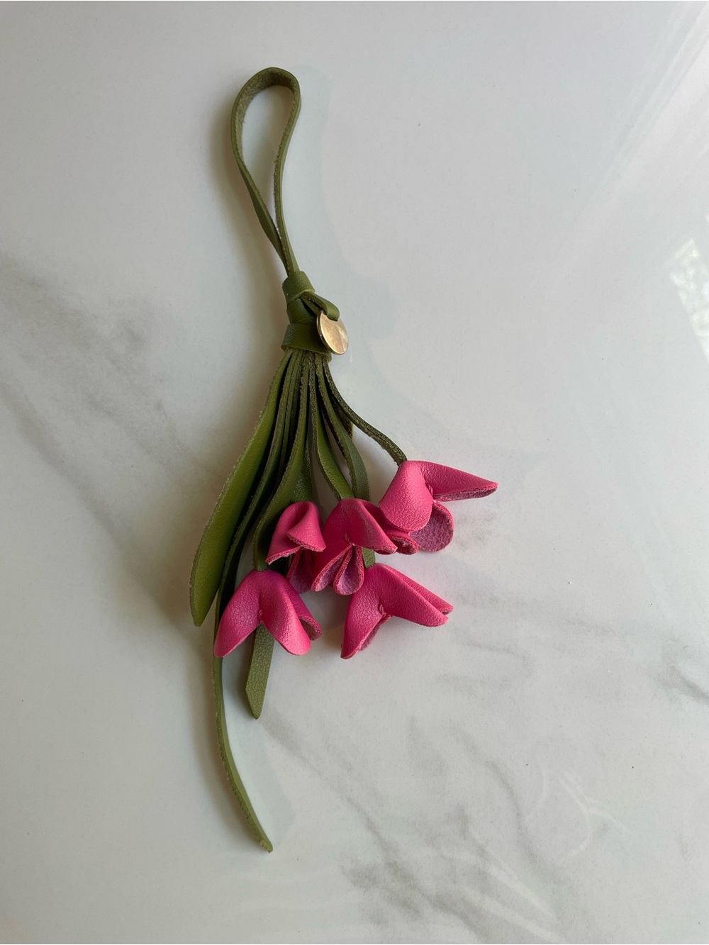 Pink Leather Flower Tassel Keychain Bag Charm with Olive Green Strap